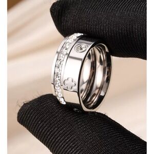 NEW BEAUTIFUL 18k WHITE GOLD PLATED CLOVER RING SET, CLOVER‎ RING, DIAMOND RING